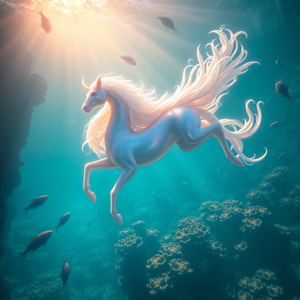 AI generated art for prompt: A mesmerizing digital artwork embodies magical realism, depicting an entrancing underwater domain wh