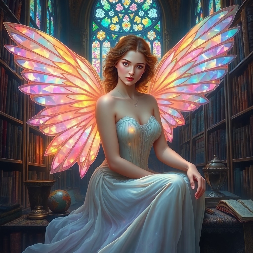 AI generated art for prompt: A celestial nymph with iridescent wings is depicted in an enchanting Pre-Raphaelite-inspired portrai