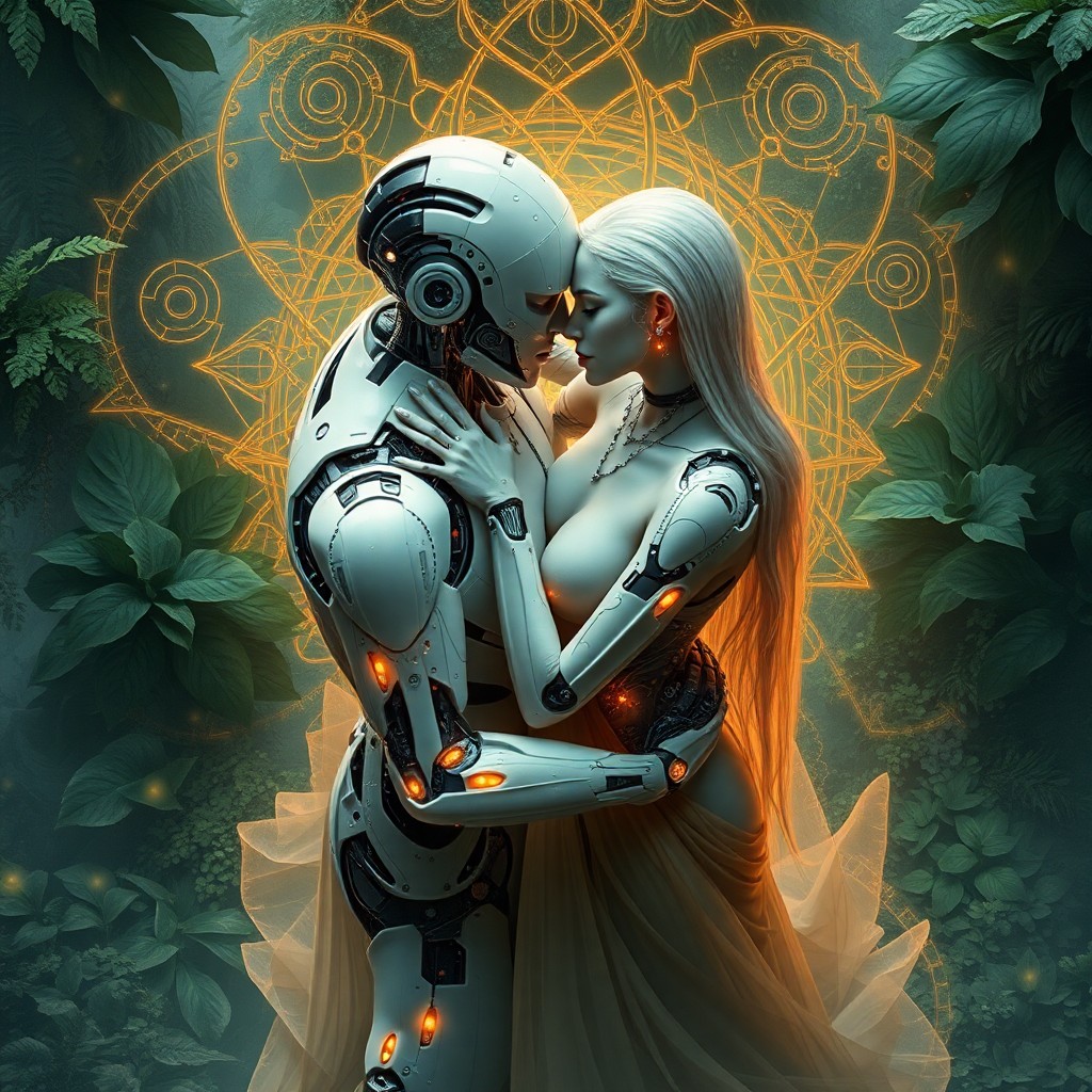 AI generated art for prompt: Create an image featuring a futuristic cyborg in an intimate embrace with an enigmatic ethereal bein