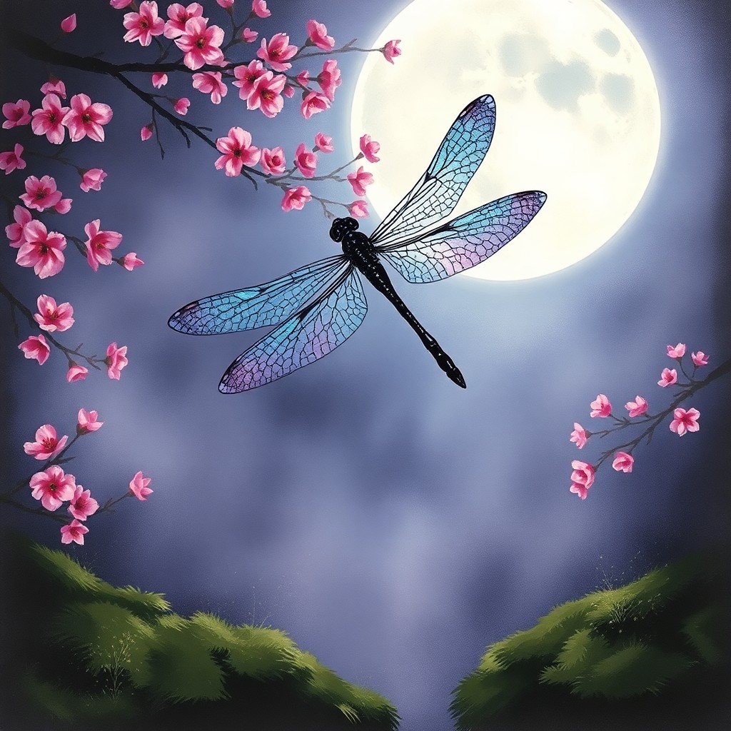 AI generated art for prompt: An enchanting dragonfly, half its body adorned with mesmerizing iridescent scales, gracefully dances