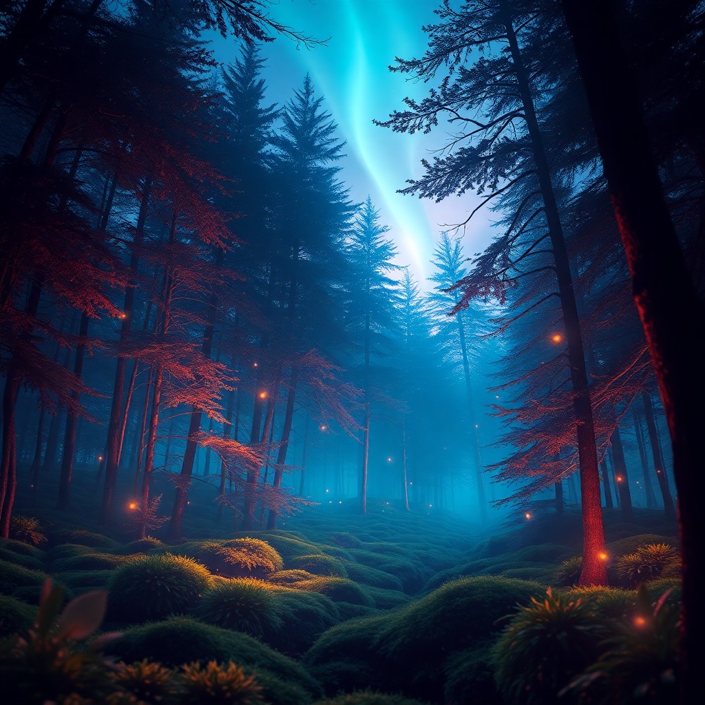 AI generated art for prompt: A captivating digital artwork transports the viewer into an enchanting twilight forest scene, bathed