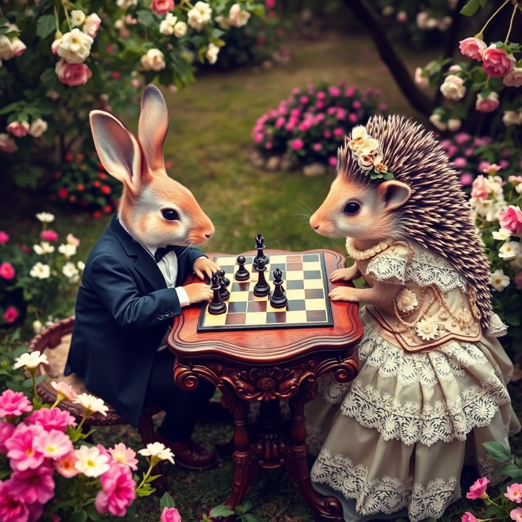 AI generated art for prompt: Craft an image depicting a whimsical chess match between a dapper rabbit in formal attire and a cont