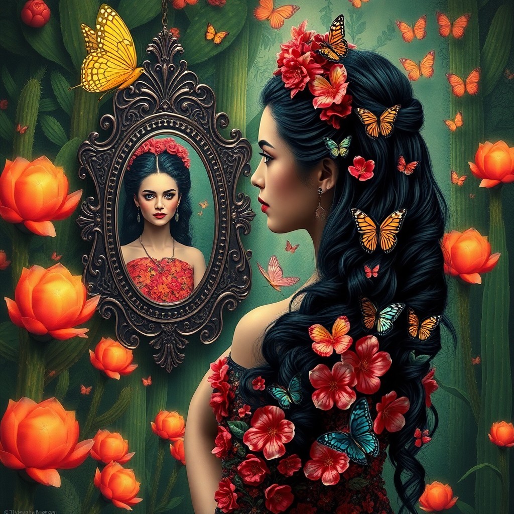 AI generated art for prompt: Craft an image embodying the passionate and surreal essence of Kahlo's work, featuring a woman with 