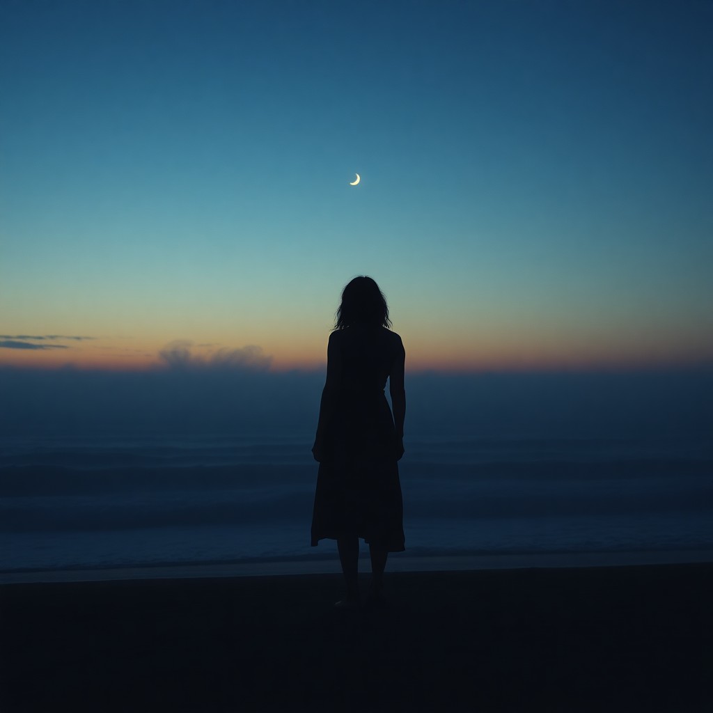 AI generated art for prompt: An enigmatic female figure stands alone on a desolate beach at twilight, her silhouette highlighted 