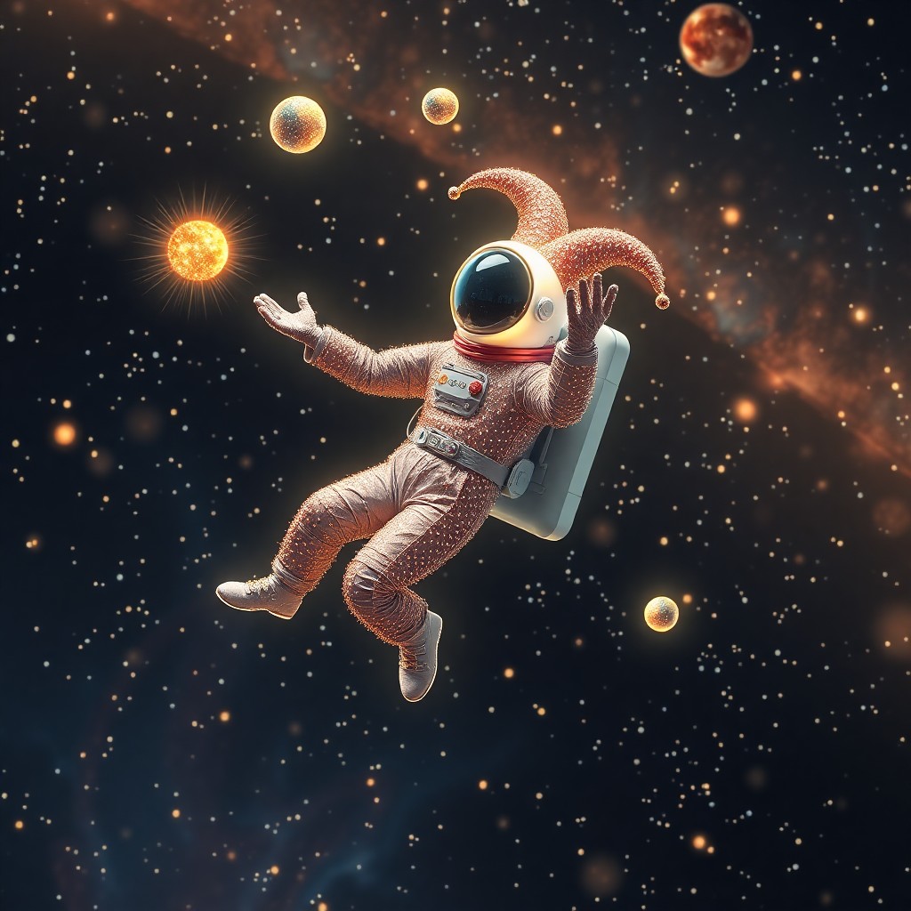 AI generated art for prompt: A whimsical astronaut adorned in a sparkling jester costume gracefully floats amidst a nebula of shi