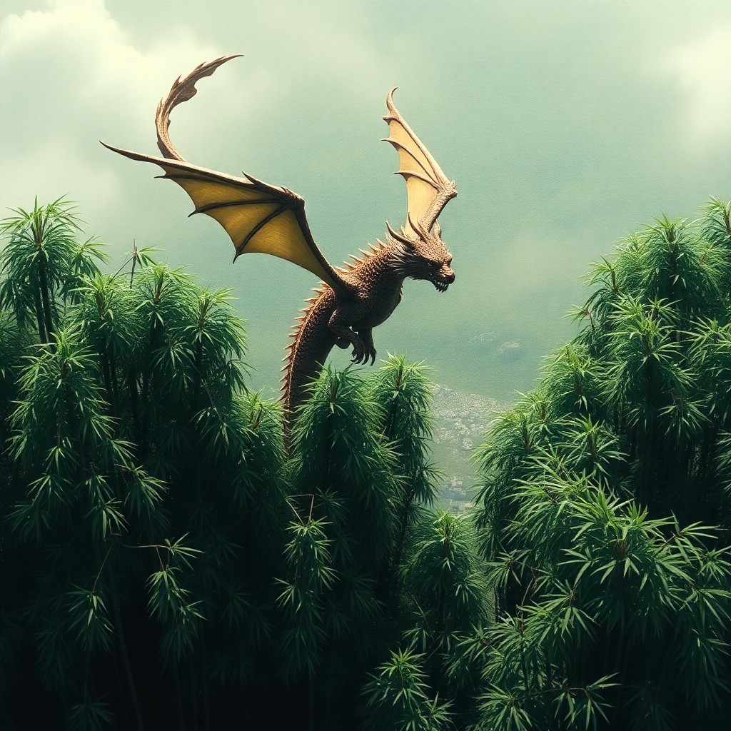 AI generated art for prompt: A digital artwork captures a majestic dragon soaring above a tranquil bamboo forest, reminiscent of 