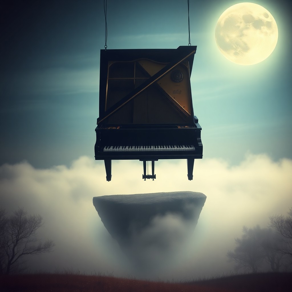 AI generated art for prompt: Create an image embodying surreal dreamlike qualities, depicting a grand piano suspended over a tran