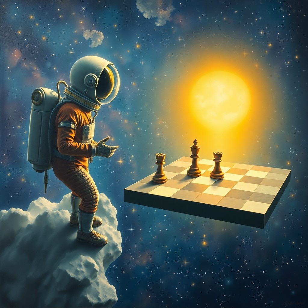 AI generated art for prompt: A surreal oil painting encapsulates a dreamlike cosmos where an ethereal chessboard drifts through a