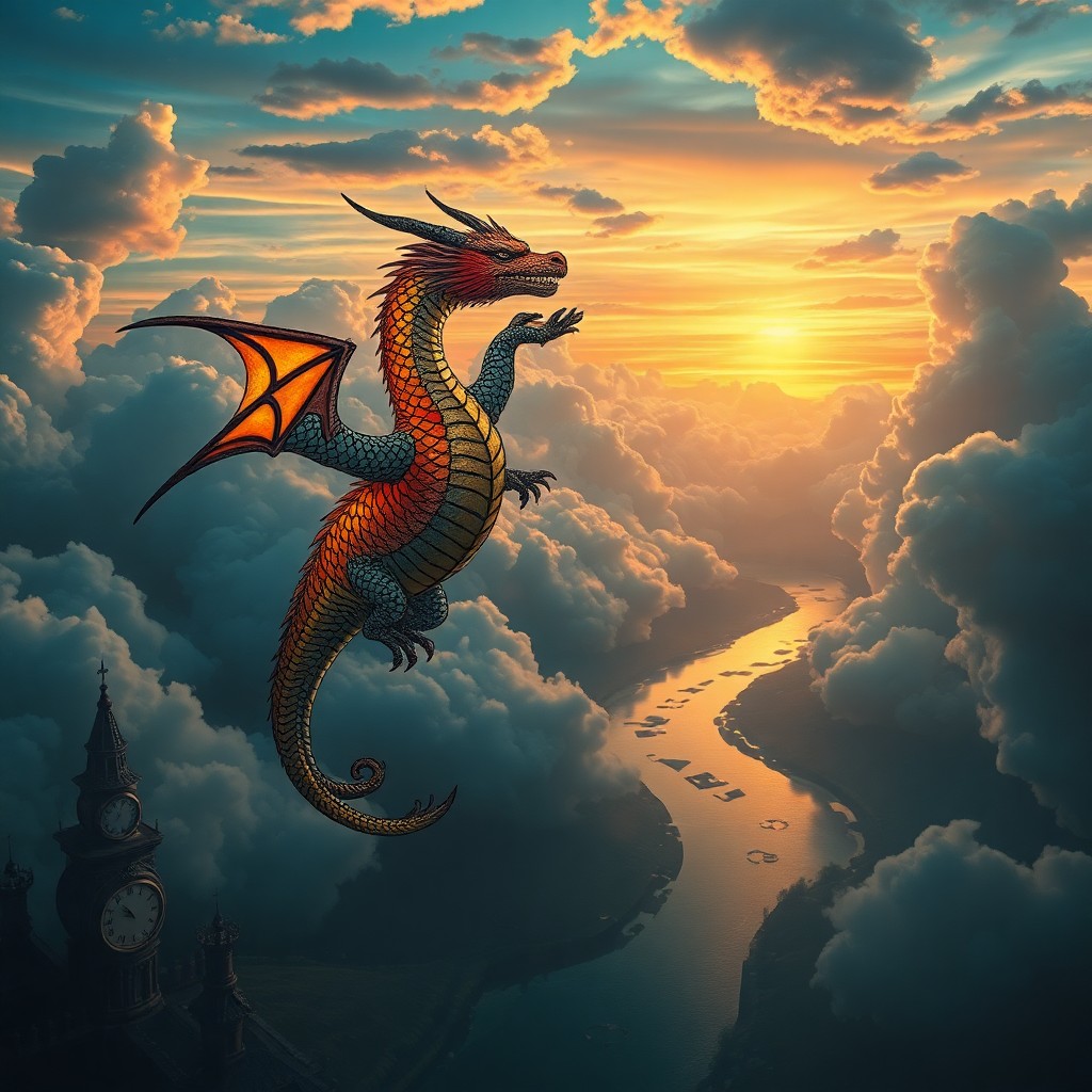 AI generated art for prompt: Craft an image embodying surrealism with a dreamlike atmosphere, depicting a regal dragon gliding gr