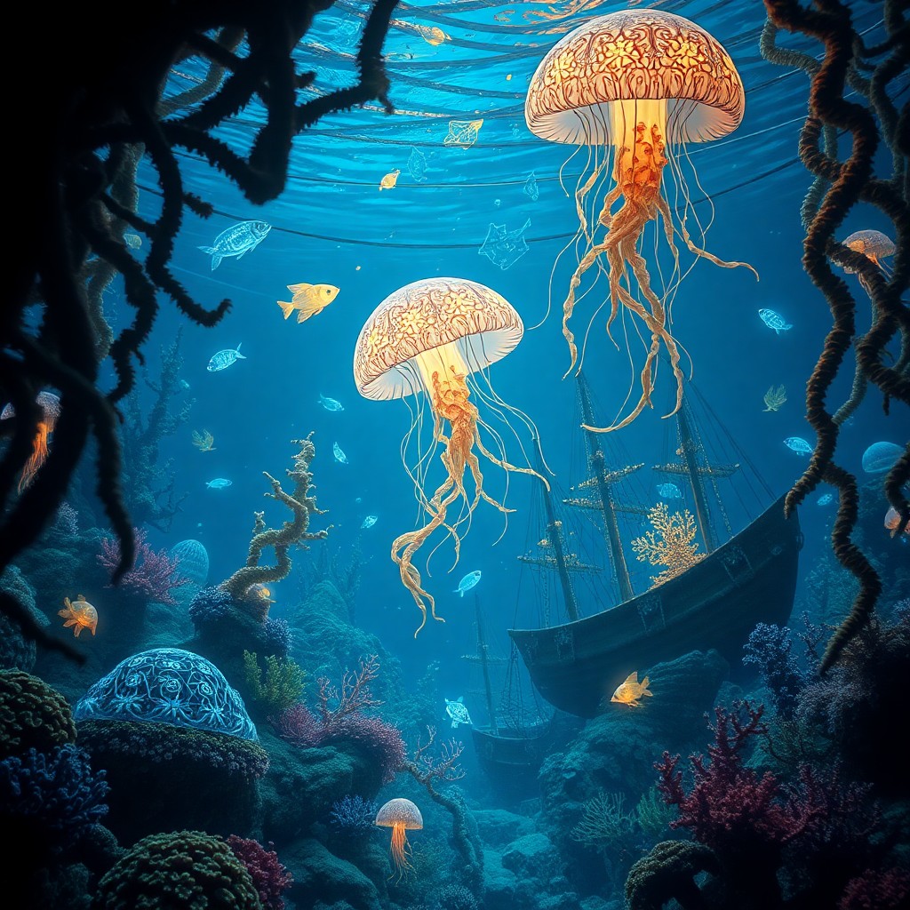 AI generated art for prompt: Envision an enchanting underwater realm inspired by the intricate, ornate designs reminiscent of Ern