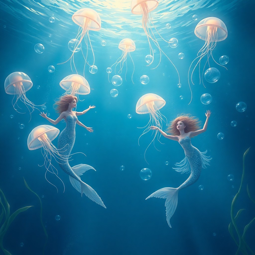 AI generated art for prompt: A captivating digital artwork depicting an enchanting underwater ballet, where graceful mermaids per