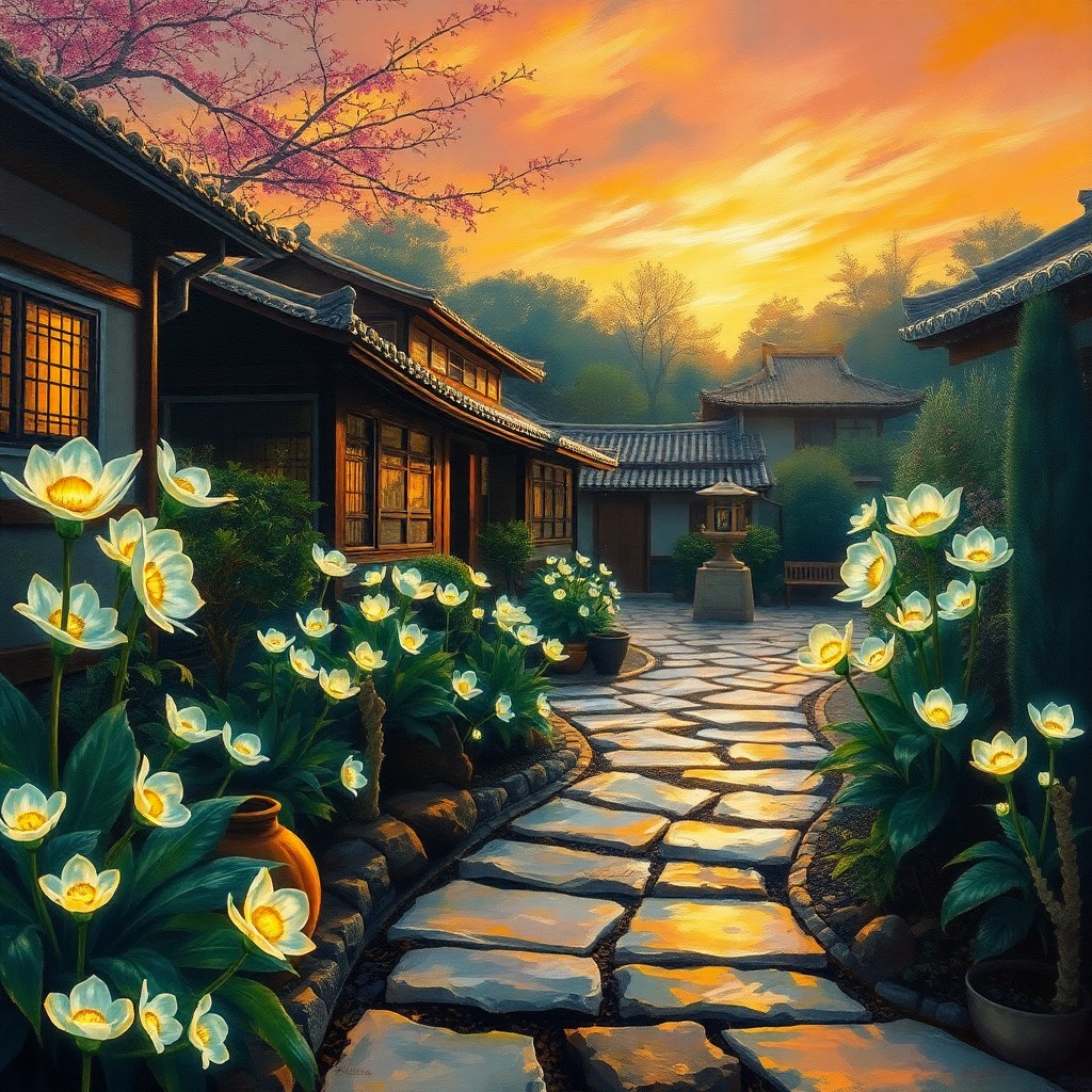 AI generated art for prompt: A captivating oil painting portrays an idyllic garden at dusk, where the magical glow of bioluminesc