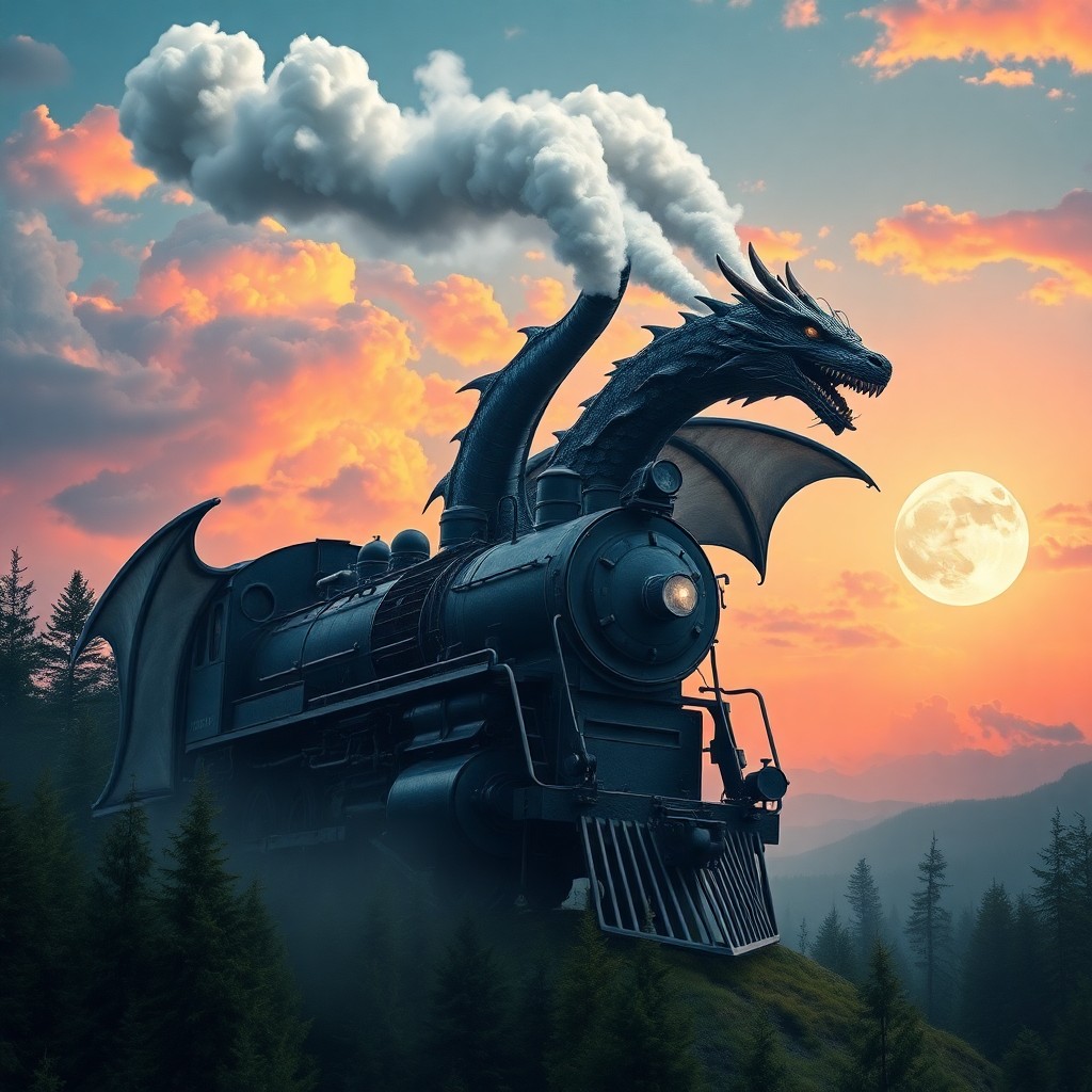 AI generated art for prompt: A whimsical fusion between a majestic dragon and an old locomotive is depicted in this surreal portr