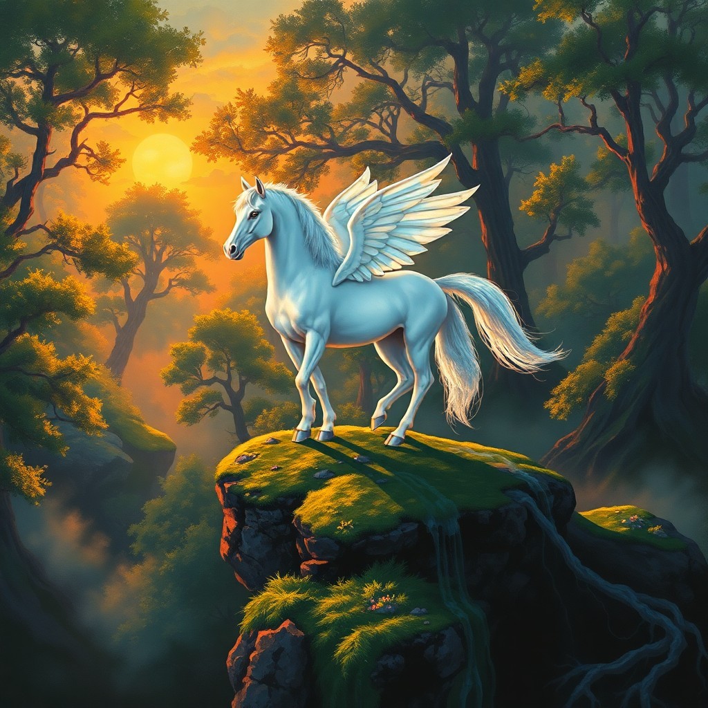 AI generated art for prompt: A mesmerizing image depicts an awe-inspiring white equine creature gracefully positioned on a precip