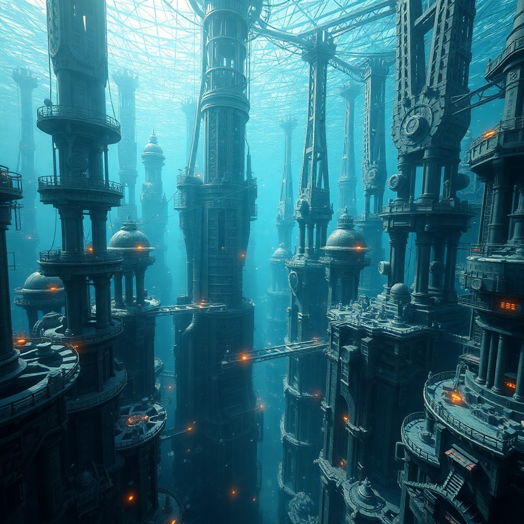 AI generated art for prompt: A digital artwork depicting an intricate underwater cityscape composed of towering mechanical struct