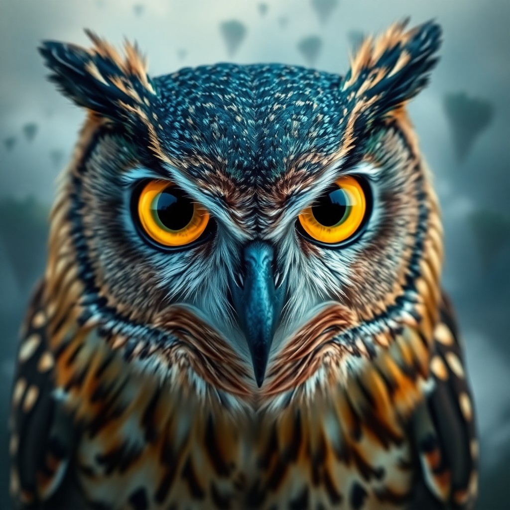 AI generated art for prompt: A close-up portrait of an enigmatic owl is rendered in photorealistic detail with captivating golden