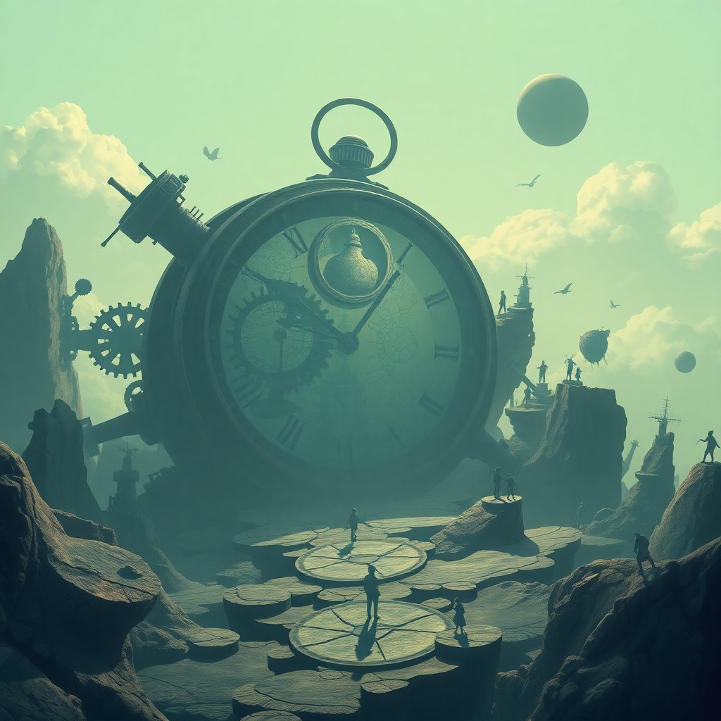 AI generated art for prompt: Create an enigmatic dreamscape governed by a colossal timepiece in the foreground, casting elongated