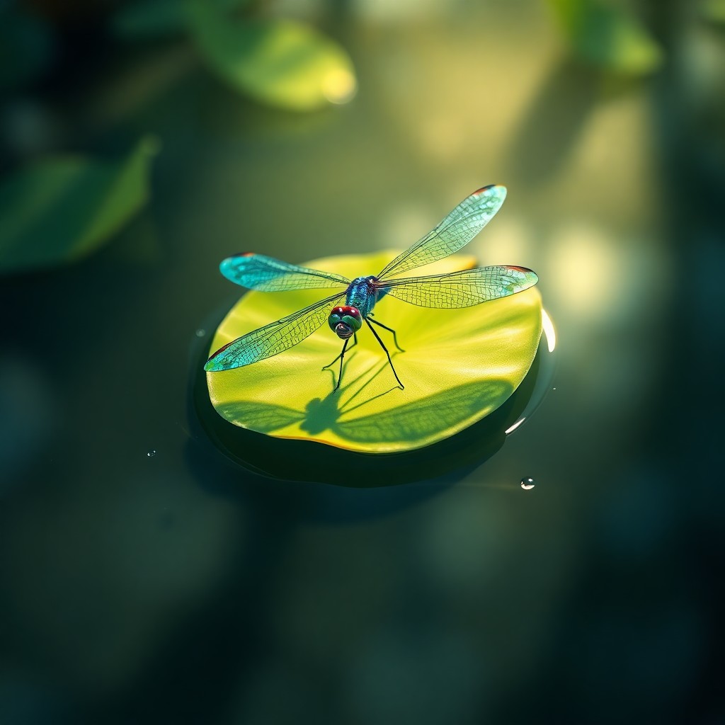 AI generated art for prompt: Create an evocative digital artwork showcasing a mystical dragonfly adorned in vibrant shades of sap