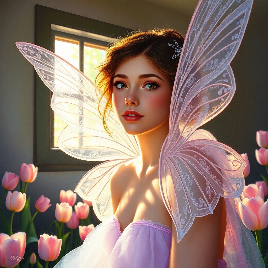 AI generated art for prompt: An oil painting in soft lavender and silvery hues captures an enchanting fae princess with delicate,