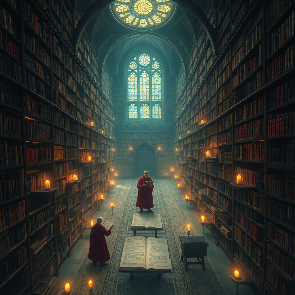 AI generated art for prompt: A captivating digital artwork depicting an enigmatic, age-old library from a unique aerial perspecti