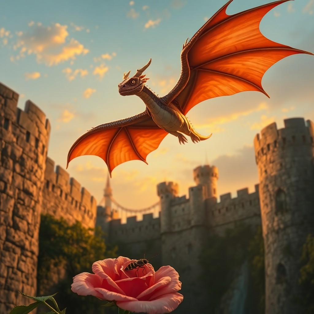 AI generated art for prompt: A majestic dragon flies above an ancient fortress in the style reminiscent of classic Disney animati