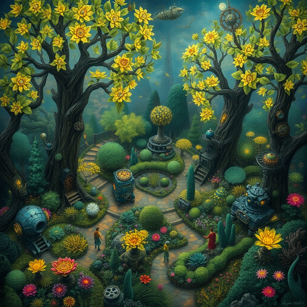 AI generated art for prompt: In the vein of a surreal landscape painter, visualize an intricate garden brimming with fantastical 