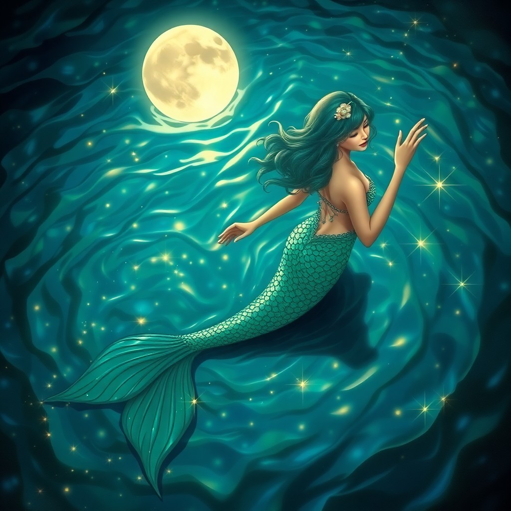 AI generated art for prompt: In the mesmerizing Art Nouveau style, a captivating mermaid emerges from shimmering, iridescent wave