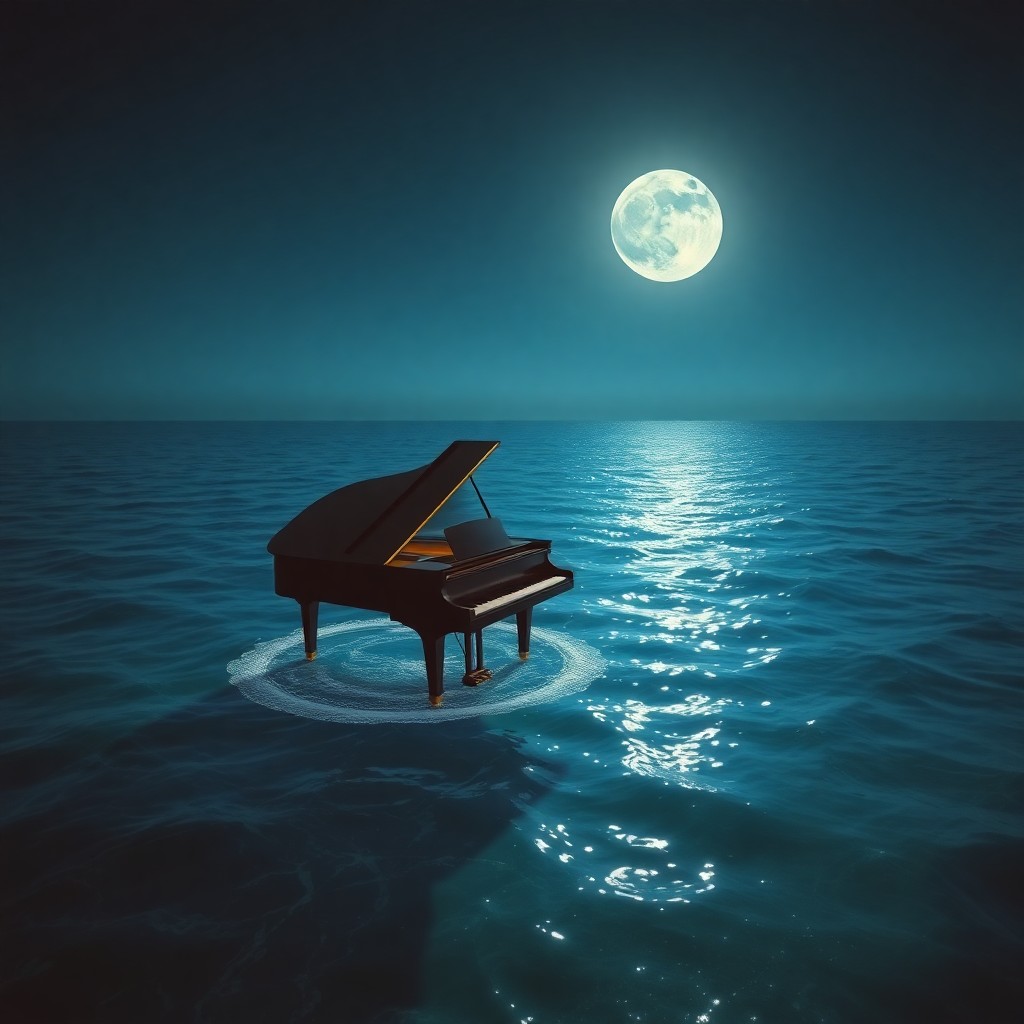 AI generated art for prompt: A surreal scene depicting a grand piano suspended gracefully in a serene, moonlit ocean, reminiscent