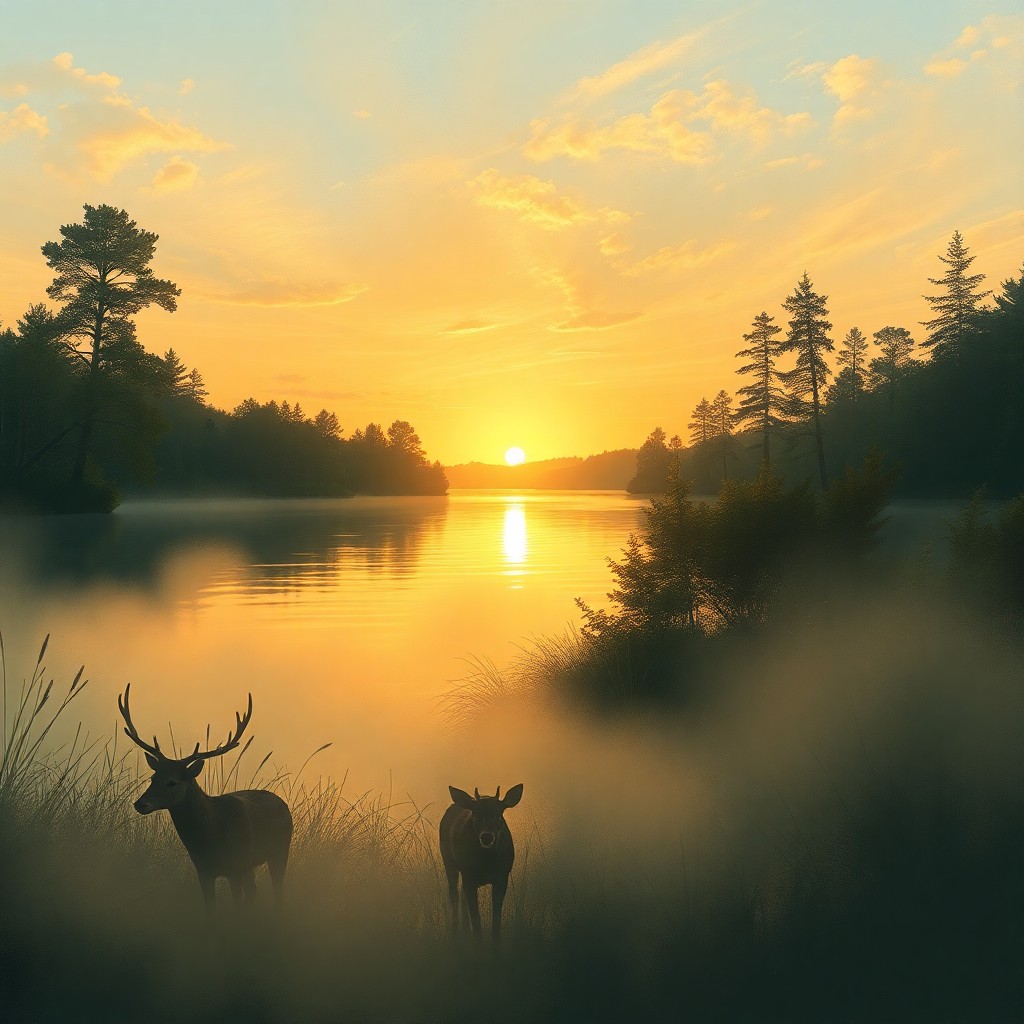 AI generated art for prompt: Envision an idyllic lakeside panorama during the golden hour, painted in the soft, dreamy manner rem