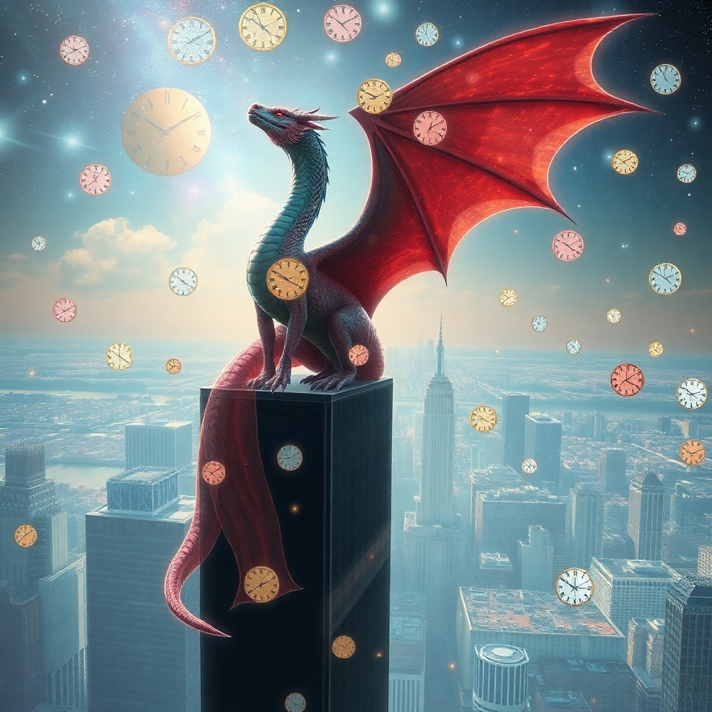 AI generated art for prompt: A surreal digital artwork depicting an ethereal dragon perched atop a skyscraper, its elongated body