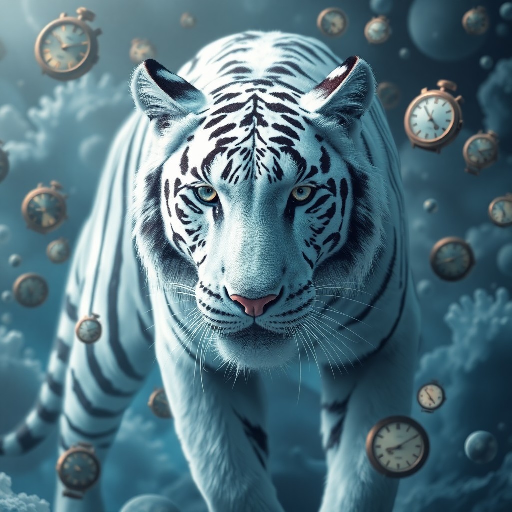 AI generated art for prompt: A captivating digital artwork depicts an awe-inspiring white tiger elegantly traversing through a me