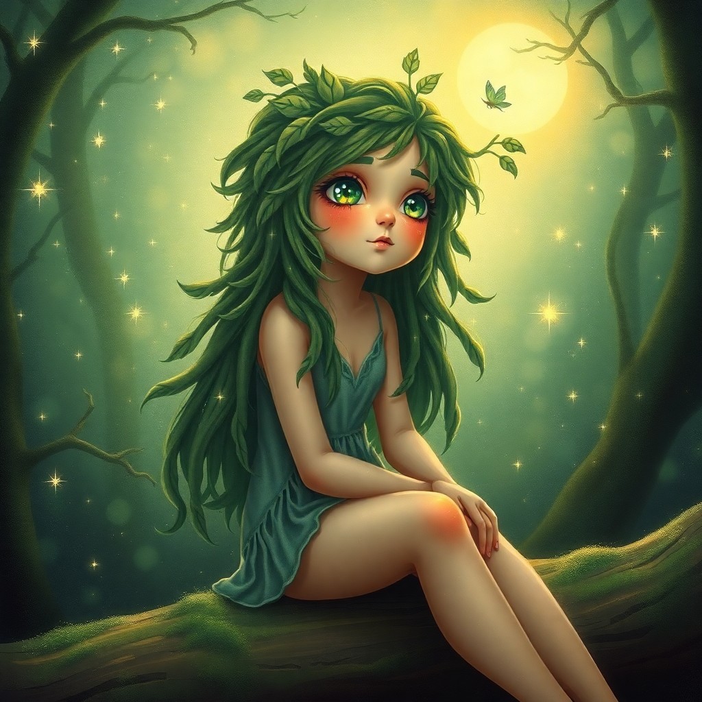 AI generated art for prompt: An alluring portrait in a whimsical and enchanting style, depicting a woodland nymph with flowing, c