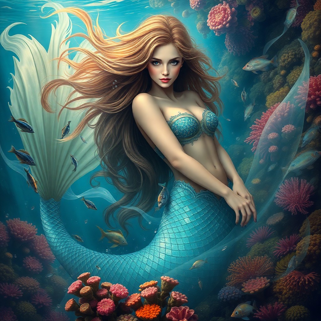 AI generated art for prompt: An entrancing portrait in the realm of surrealistic artistry depicts an enigmatic mermaid, her flowi