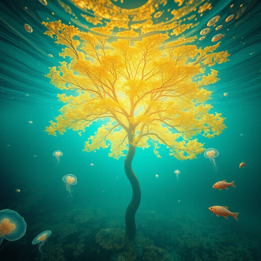 AI generated art for prompt: A captivating digital art piece captures an enigmatic underwater scene from a dreamlike perspective,