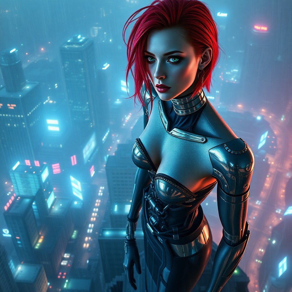 AI generated art for prompt: A lone individual in a dystopian metropolis stands atop a towering skyscraper with neon-drenched str