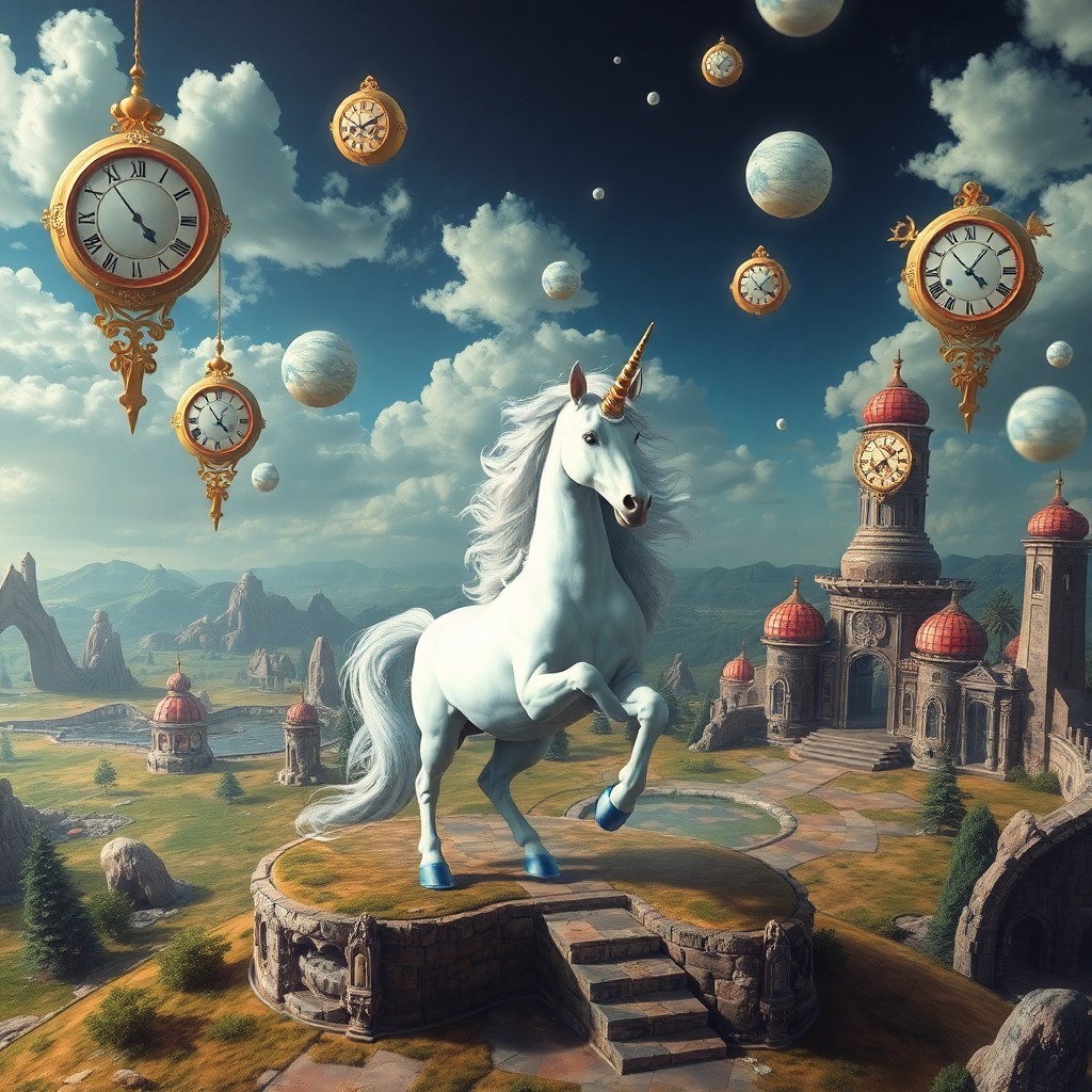 AI generated art for prompt: A surreal landscape unfolds with a regal unicorn at its center, surrounded by levitating time-tellin