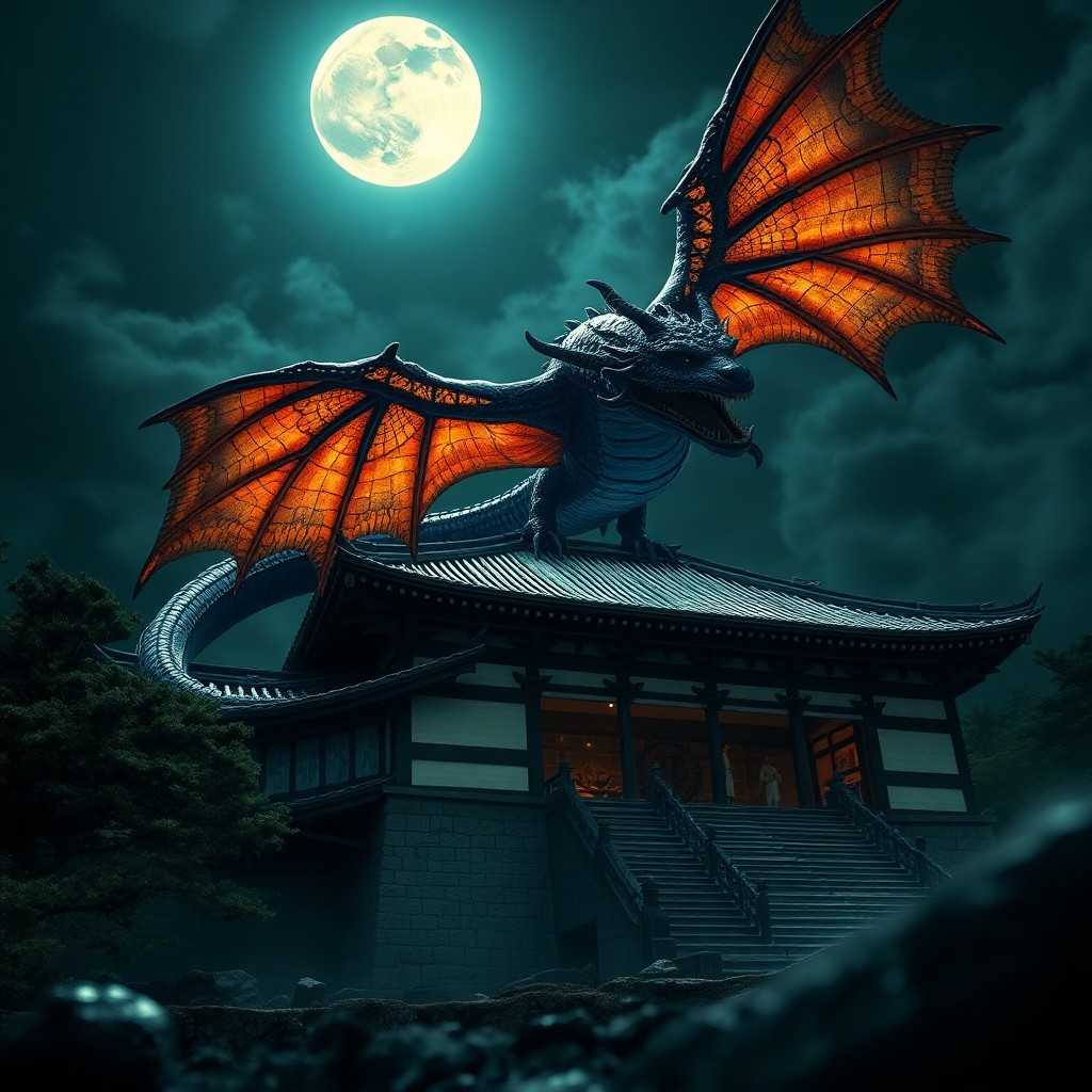 AI generated art for prompt: A majestic dragon soars above an ancient Japanese temple under the moonlit sky, its scales shimmerin