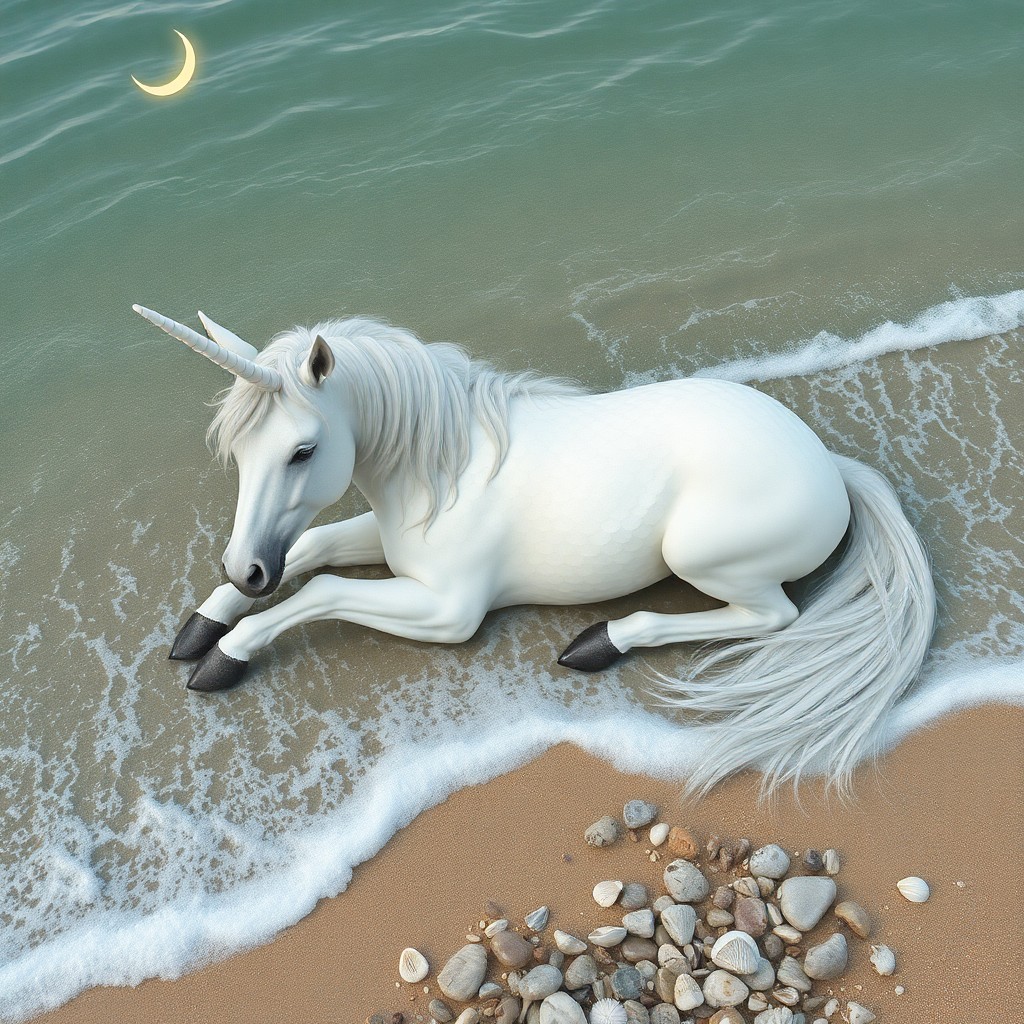 AI generated art for prompt: Craft an image depicting a surreal beach scene where a regal unicorn rests, its majestic form adorne