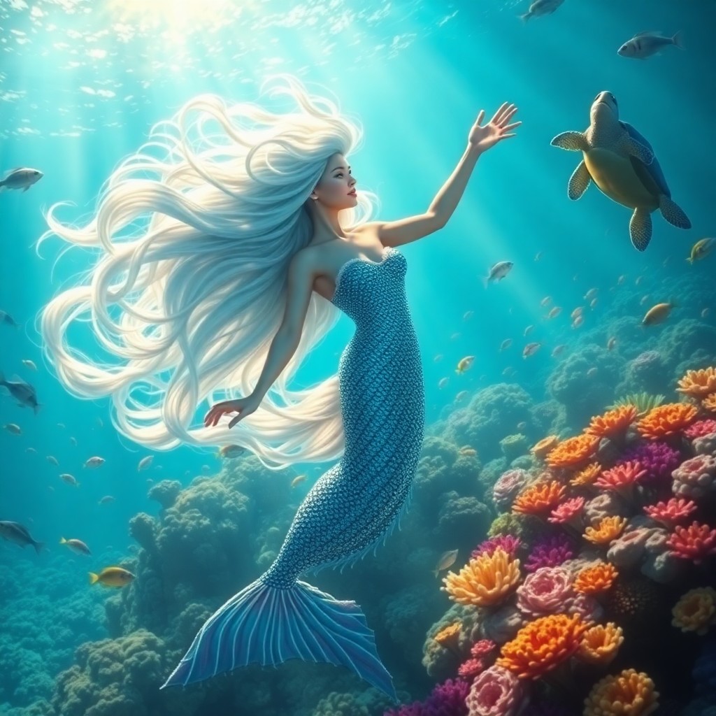 AI generated art for prompt: A mesmerizing digital artwork captures an enchanting underwater realm where a majestic mermaid grace