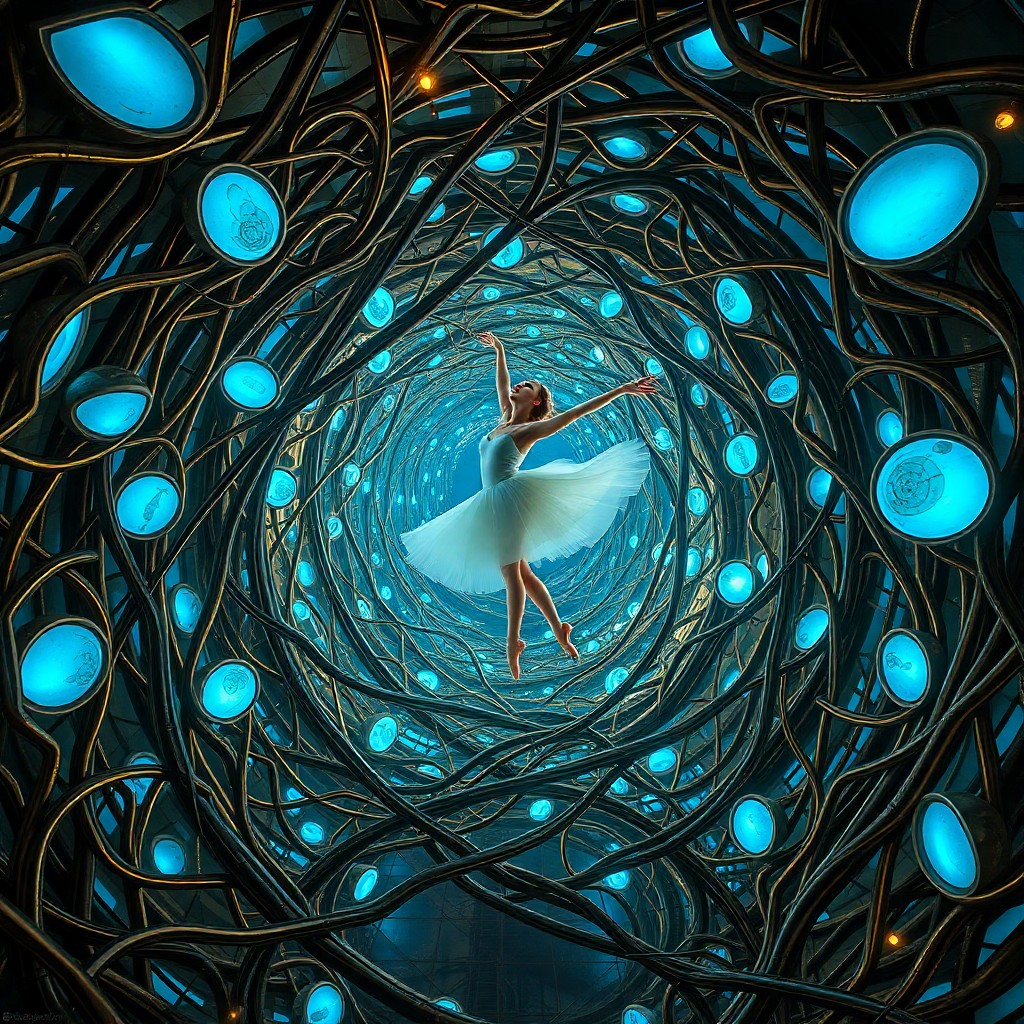 AI generated art for prompt: Create an image depicting a ballet dancer floating gracefully in a surreal environment filled with l