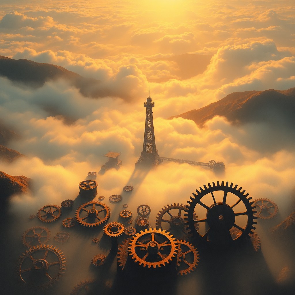 AI generated art for prompt: A dreamlike landscape painted in a surreal style features a tower adrift amidst a fog-filled valley.