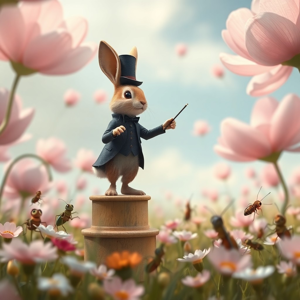 AI generated art for prompt: Imagine a whimsical scene where a small, peculiar creature resembling a rabbit dons a top hat and ta