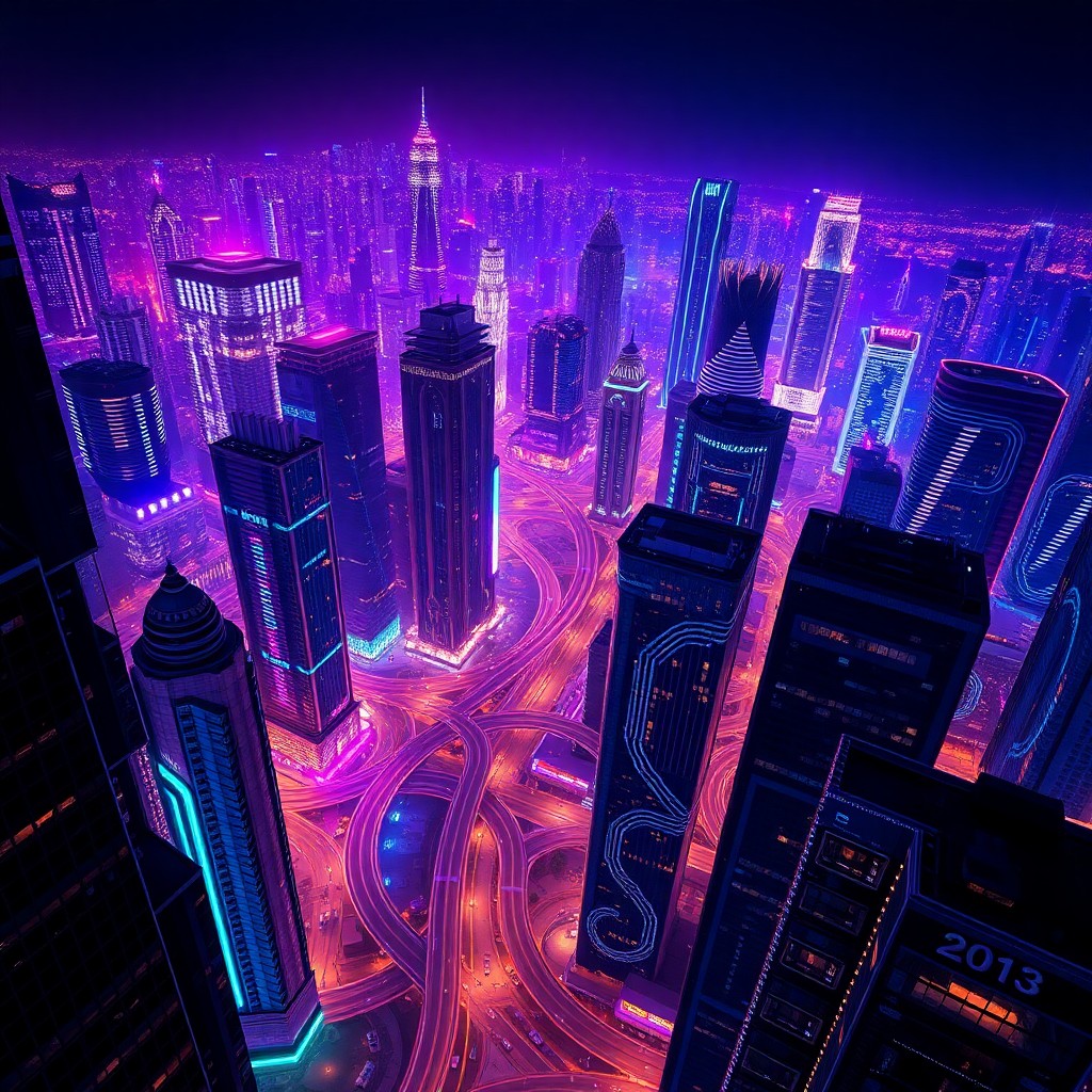 AI generated art for prompt: A captivating digital artwork in hyper-realistic CGI style captures a futuristic cityscape illuminat