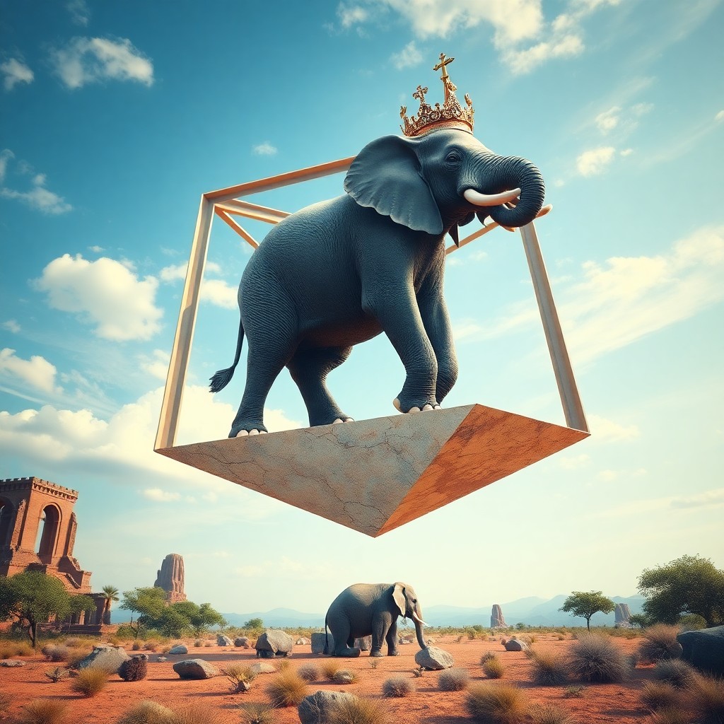 AI generated art for prompt: A surreal digital artwork captures an awe-inspiring scene where a regal elephant deftly maintains it