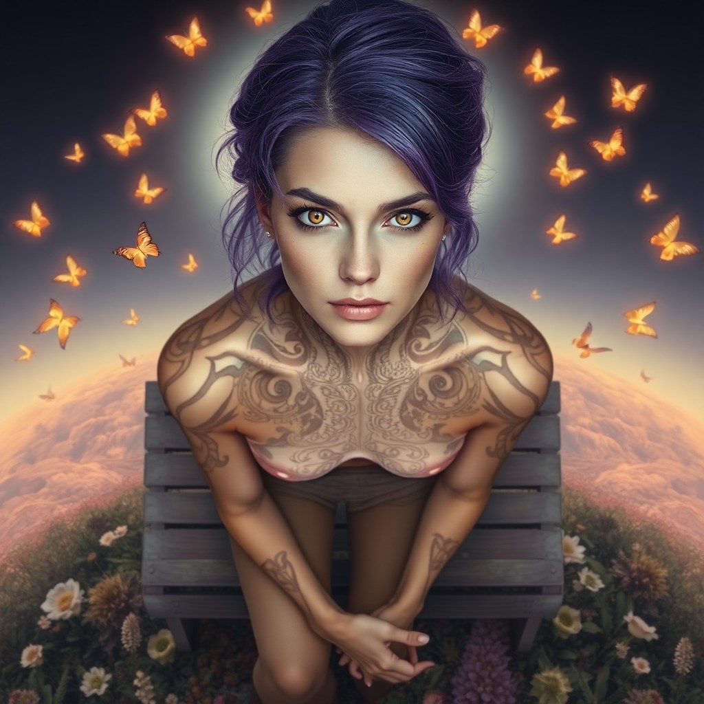 AI generated art for prompt: A surrealistic portrait in the style of photorealism portrays a woman with vivid purple hair and str