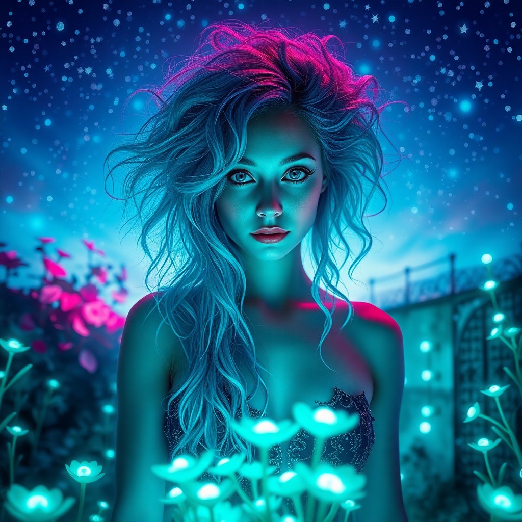 AI generated art for prompt: A mesmerizing surreal portrait depicts a woman with vivid turquoise hair cascading in wild tendrils,