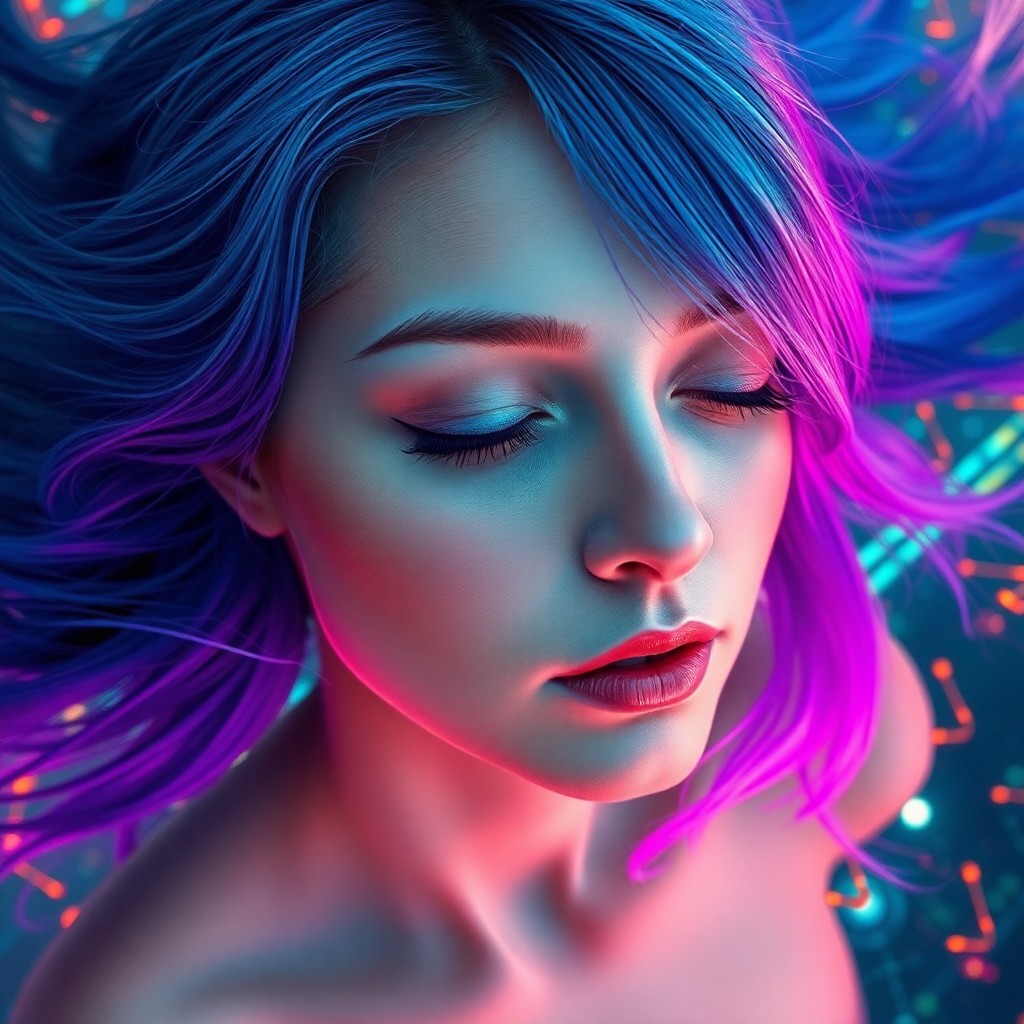 AI generated art for prompt: A surreal digital portrait captures a young woman with flowing iridescent hair transitioning from de