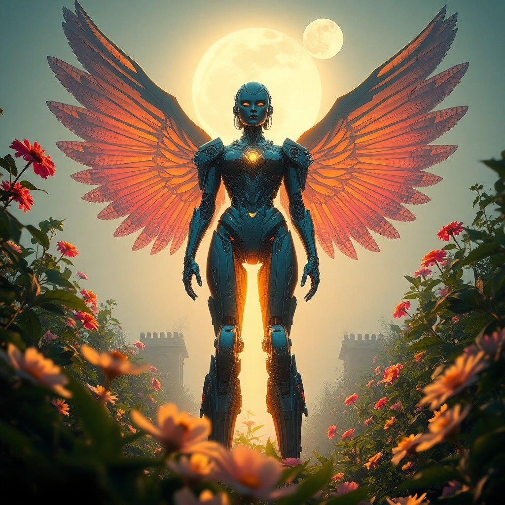 AI generated art for prompt: A digital art masterpiece captures a towering cyborg woman with mechanical wings, standing majestica