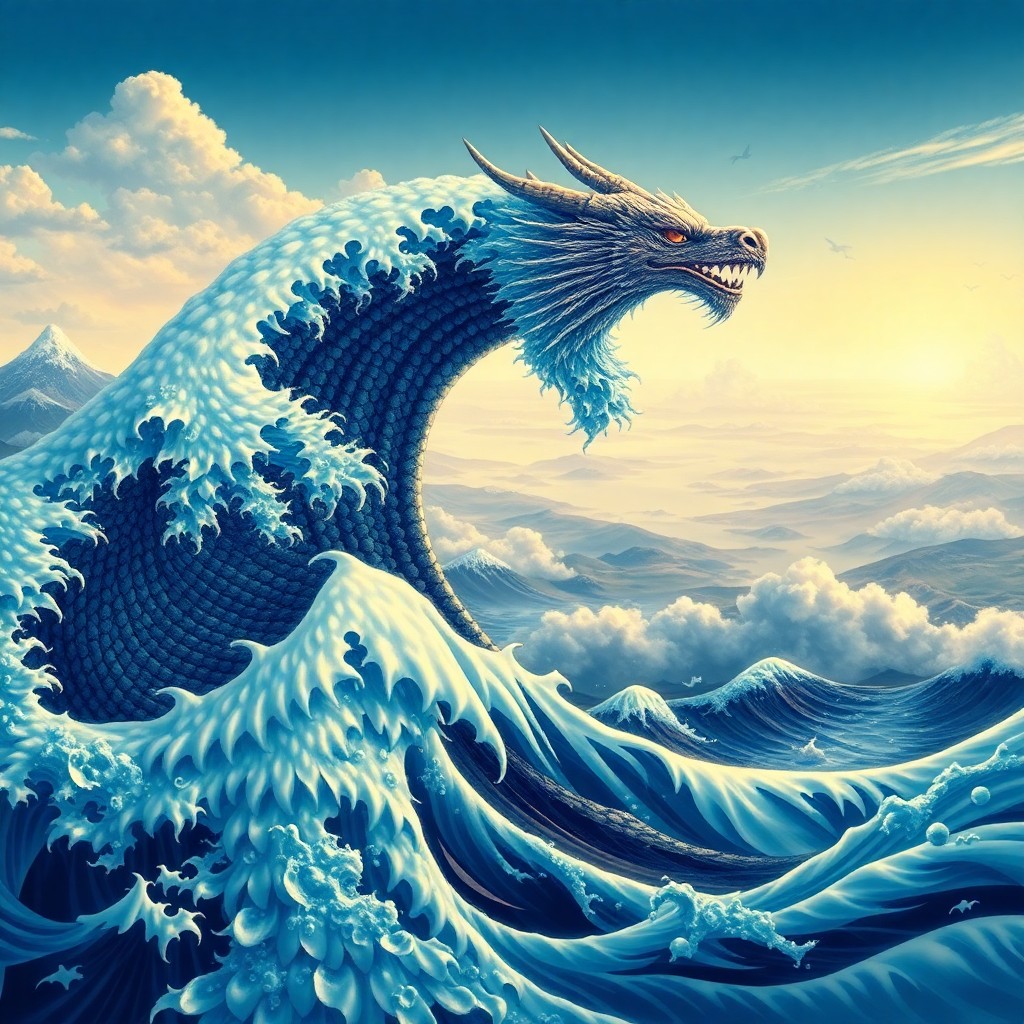 AI generated art for prompt: An enchanting amalgamation of Hokusai's iconic oceanic motif with Salvador Dali's dreamlike landscap