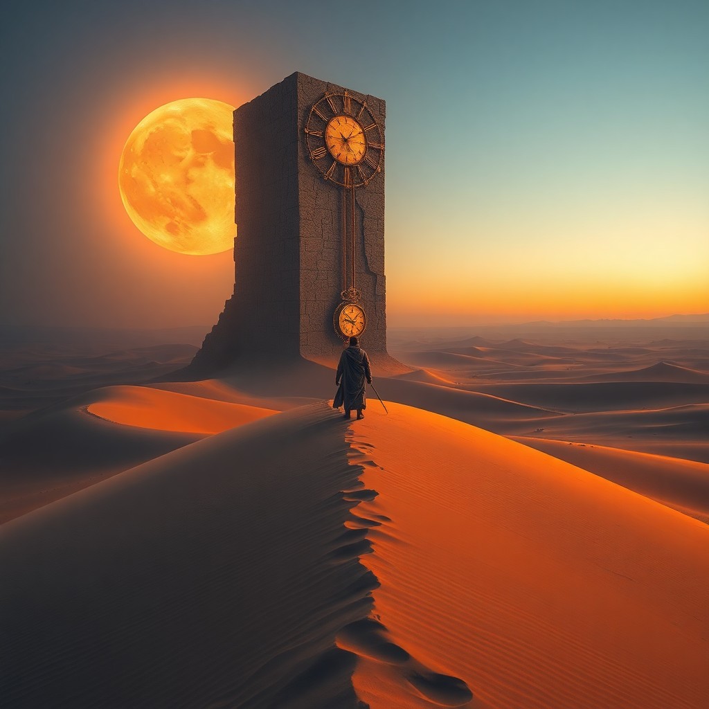 AI generated art for prompt: A dreamlike landscape evokes surrealism, featuring a colossal tower with melted facade emerging from